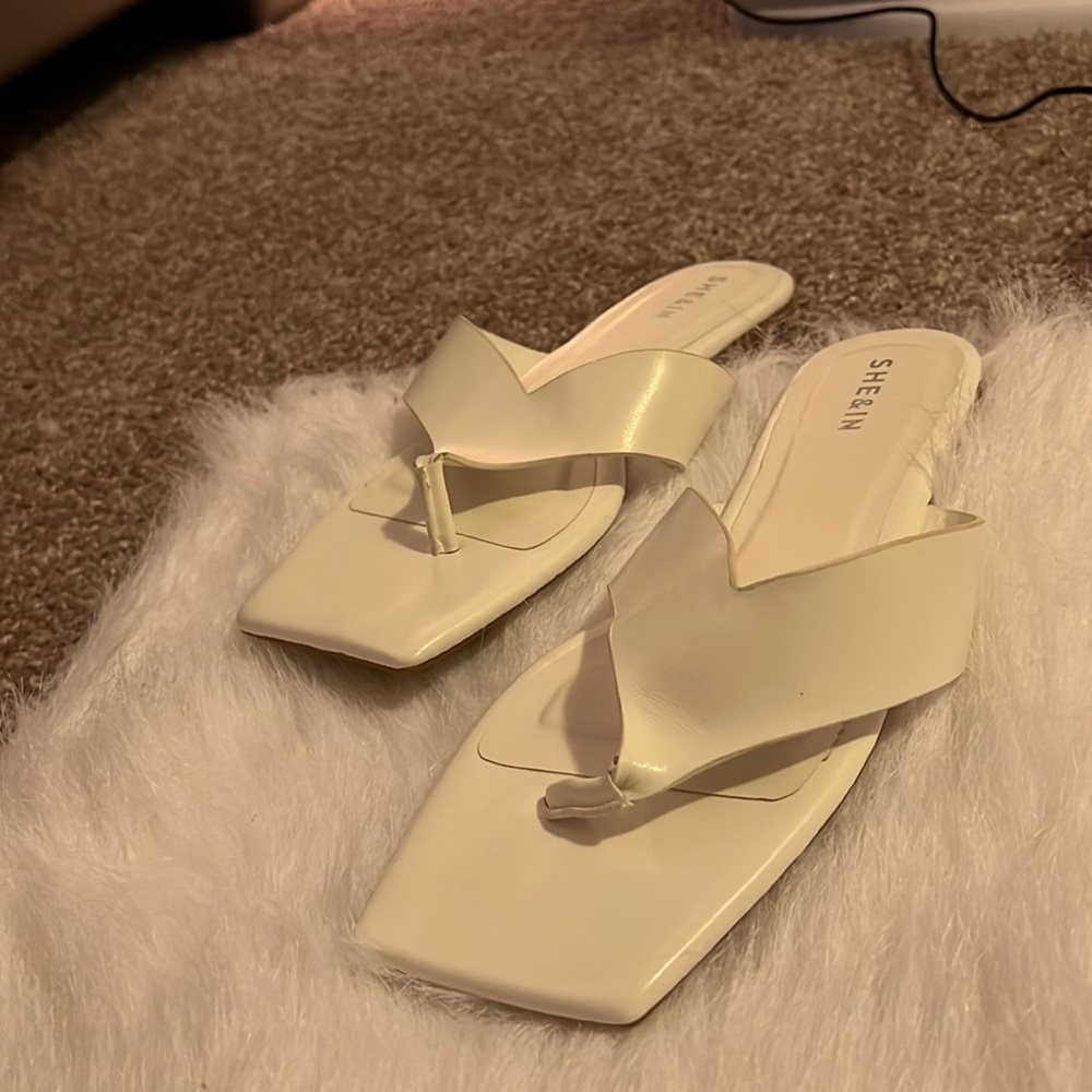 All white square tip sandals